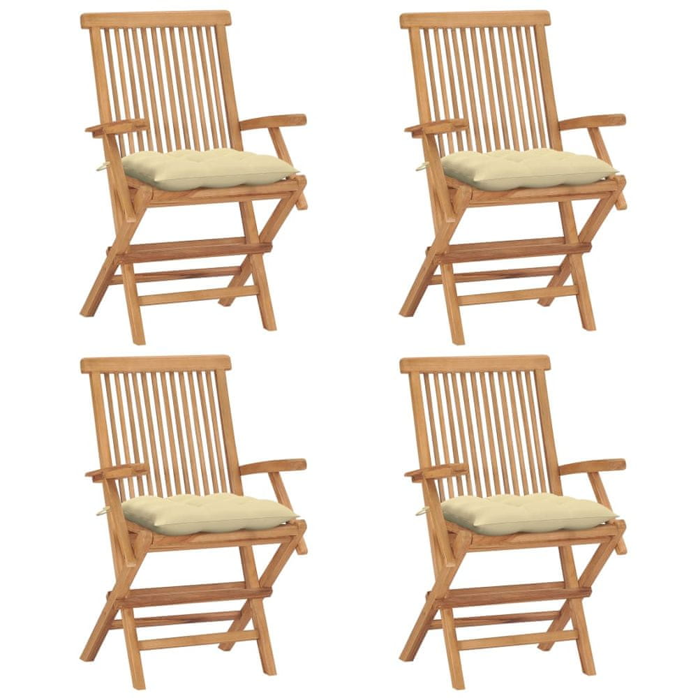 Vidaxl Záhradné stoličky s krémovo-bielymi podložkami 4 ks tíkový masív